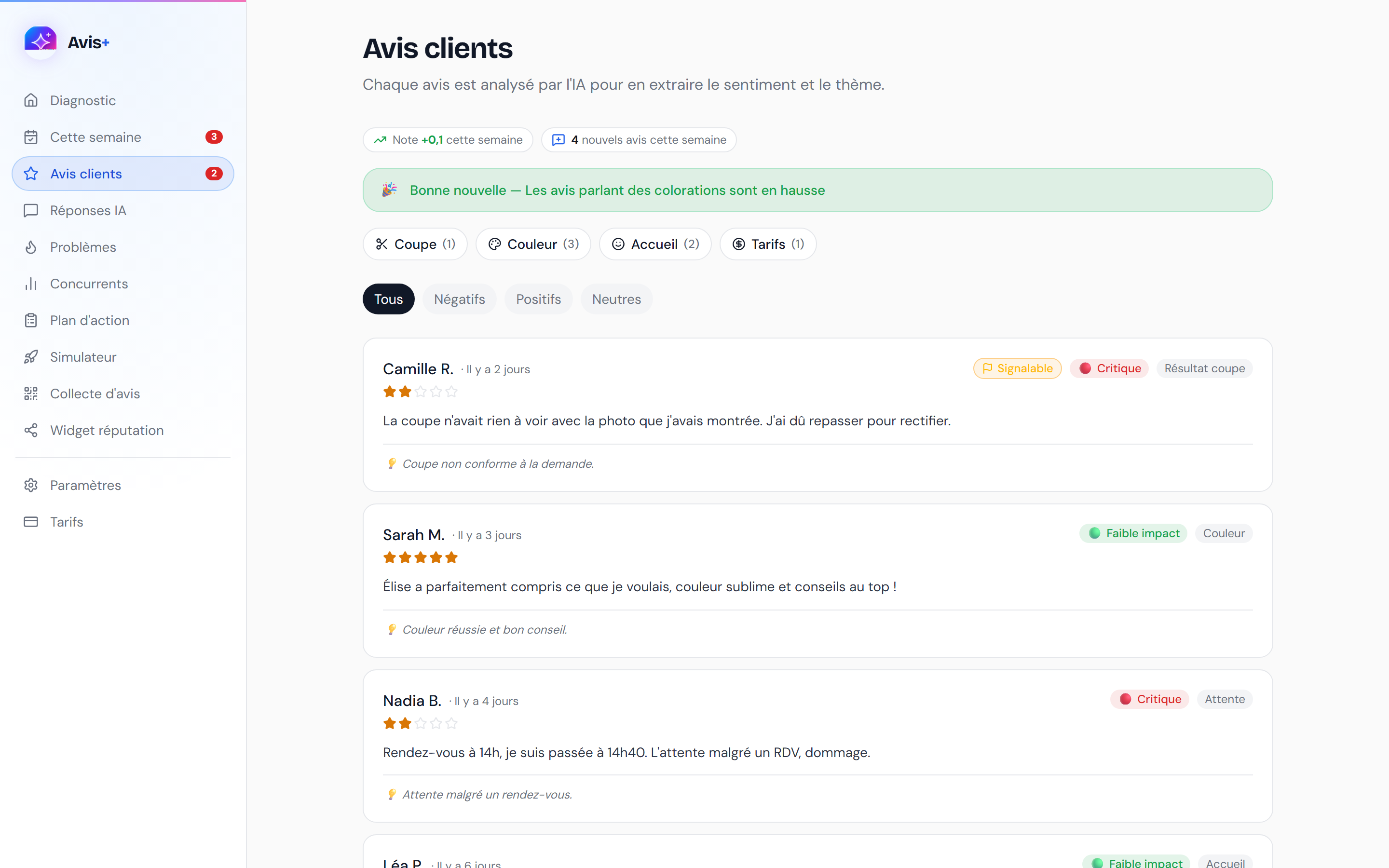 Page Avis clients du tableau de bord Avis+